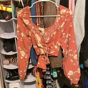 Altar'd State Pink and White Long Sleeve Wrap Blouse